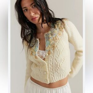 Free People One Pixie Embroidered Beaded Whimsical Ivory Cream 3/4 Sweater sz S